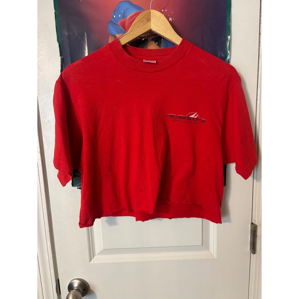 Vintage 90s Fruit of the Loom Red Sail Sports Cropped T-Shirt Red Large USA Made
